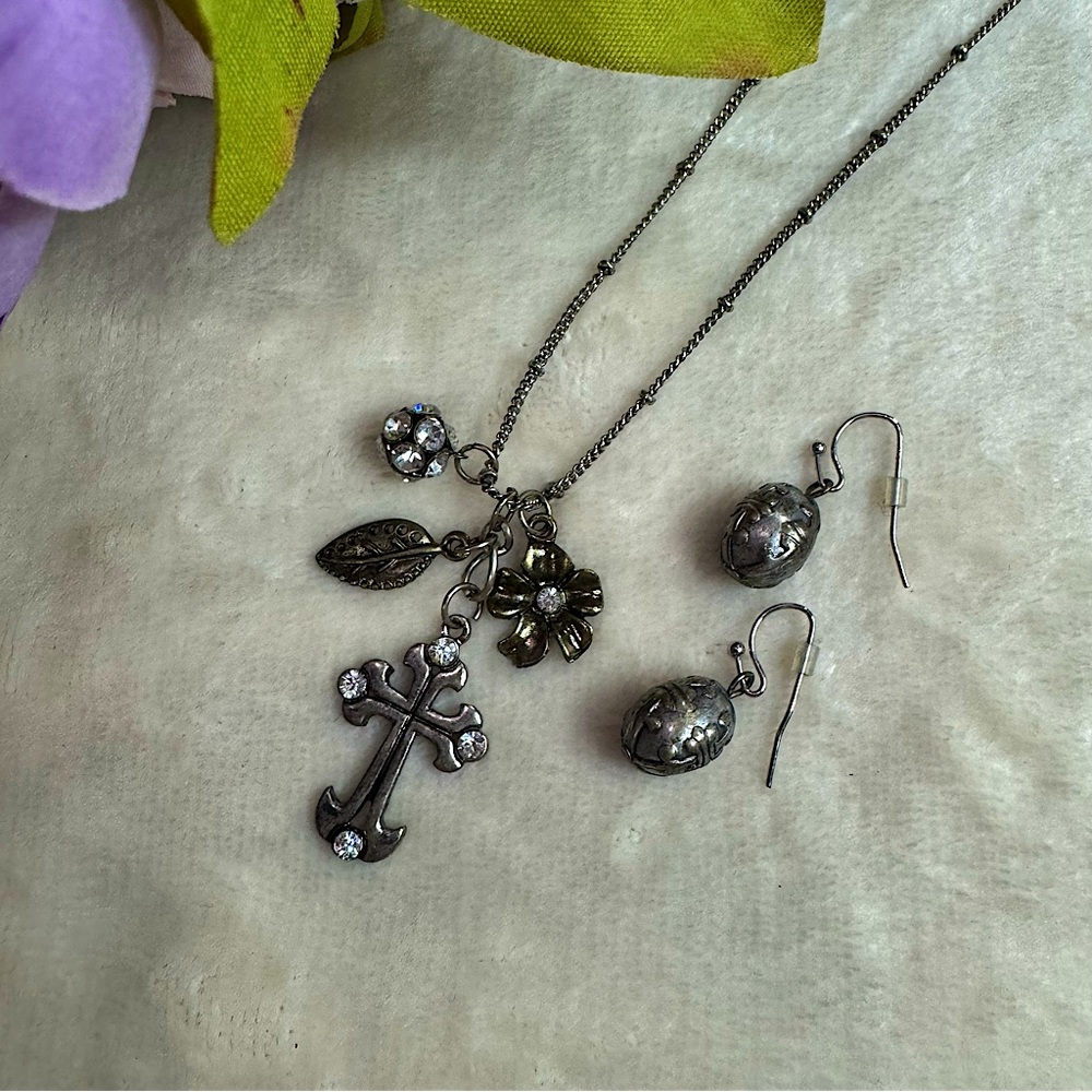Silver Charm Necklace and Earring Set